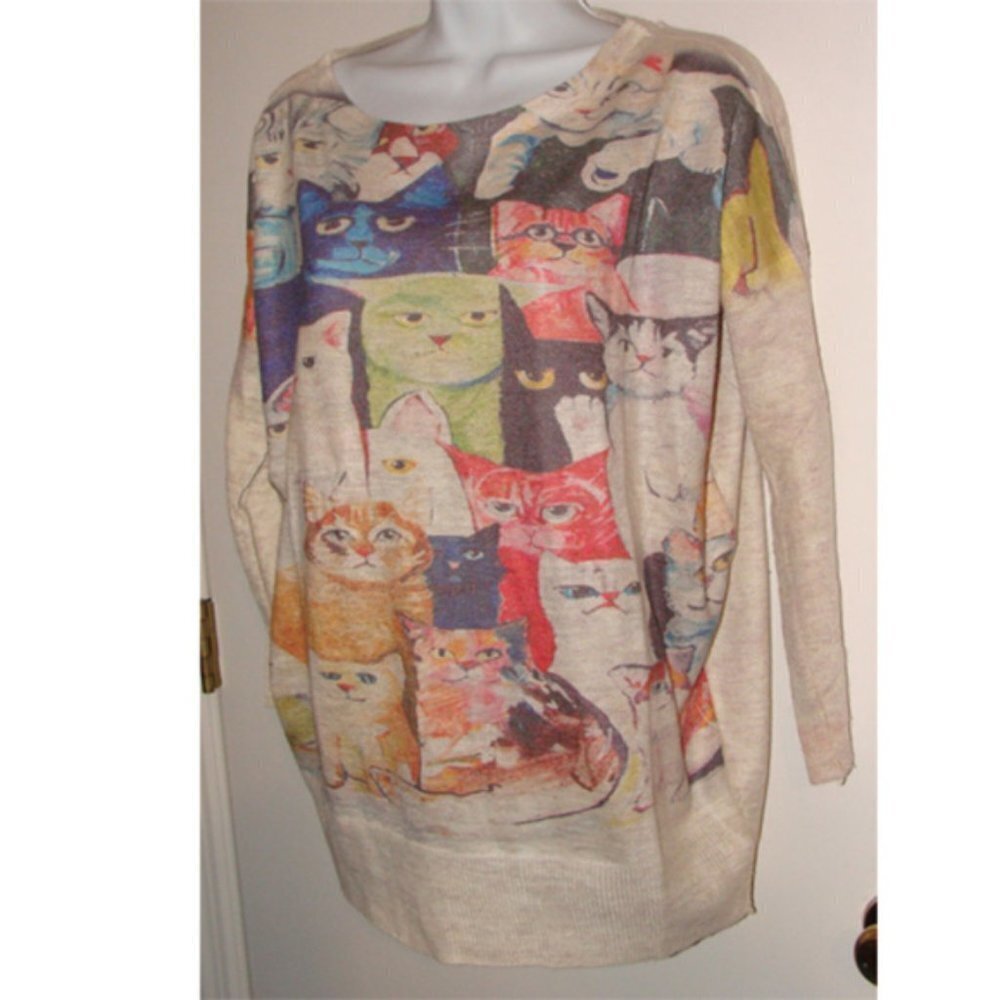 Cat lovers colorful cats art print sweater dolman aprox S casual style.